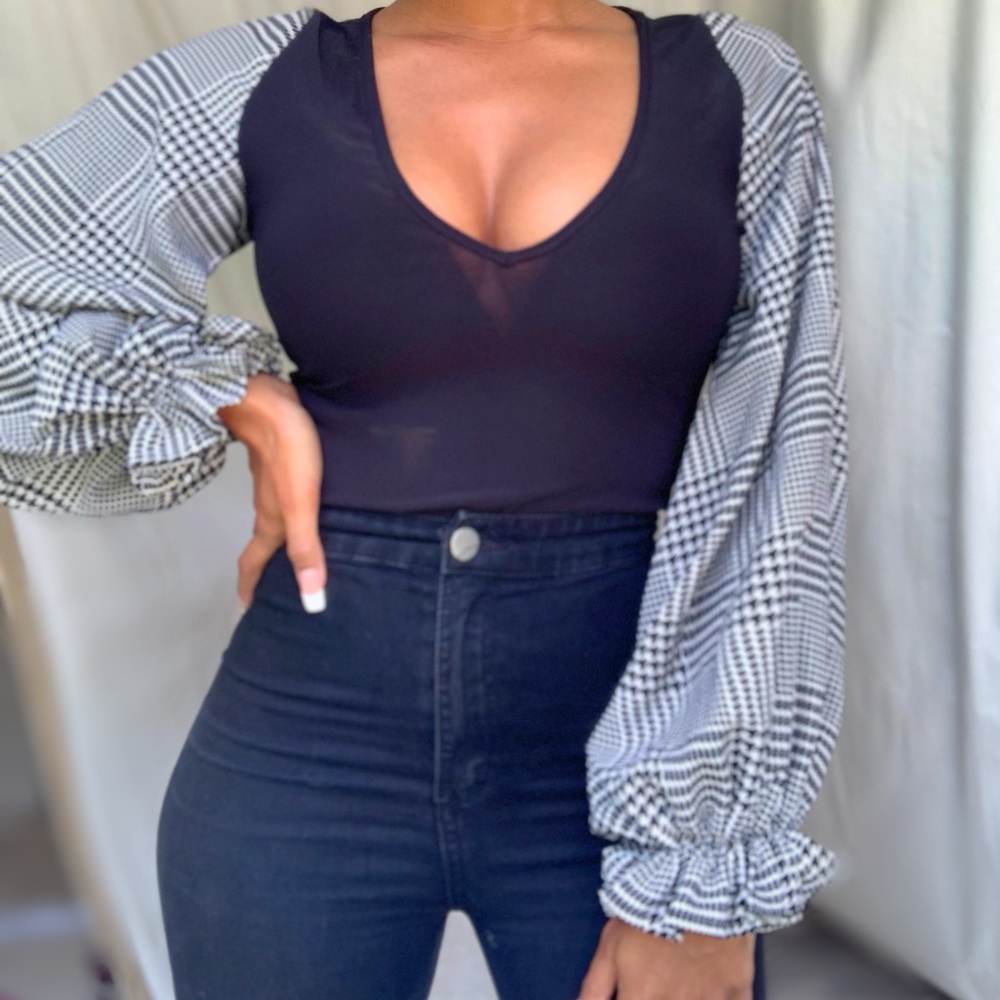 Black Houndstooth Long Sleeve Bodysuit